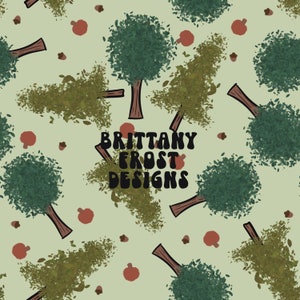 May include: A seamless pattern featuring green trees with brown trunks on a light green background. The text "Brittany Frost Designs" is in the center of the pattern.