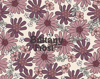 Puede incluir: Un patrón sin costuras con un diseño repetitivo de flores moradas y rosas con centros blancos. El fondo es de color beige claro. El texto "Brittany Frost Designs" está en el centro del patrón.
