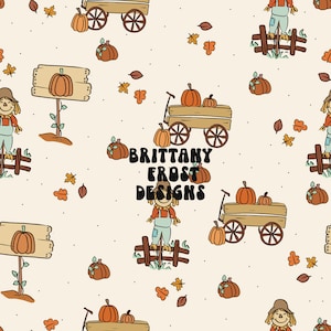 May include: A seamless pattern featuring a variety of autumn-themed elements, including pumpkins, scarecrows, wagons, and autumn leaves. The pattern is set on a cream background.