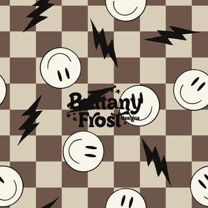 May include: A seamless pattern featuring black lightning bolts and white smiley faces on a brown and beige checkered background. The text "Brittany Frost Designs" is in the centre of the pattern.