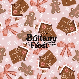Peut inclure: Motif répétitif avec des maisons en pain d'épices, des bonhommes en pain d'épices, des nœuds et des flocons de neige sur fond rose. Le motif comprend le texte "Brittany Frost designs". Les maisons en pain d'épices ont du glaçage blanc et des bonbons.