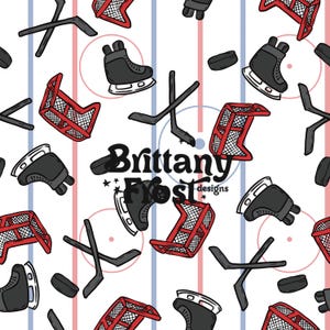 May include: A repeating pattern of hockey-themed illustrations, including skates, nets, pucks, and sticks. The design incorporates red and blue vertical lines and circles, with the text "Brittany Frost designs" in the center.