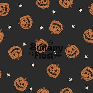 May include: A seamless pattern featuring orange jack-o'-lantern pumpkins with black eyes, noses, and mouths on a dark gray background with white stars. The text "Brittany Frost designs" is in the center of the pattern.