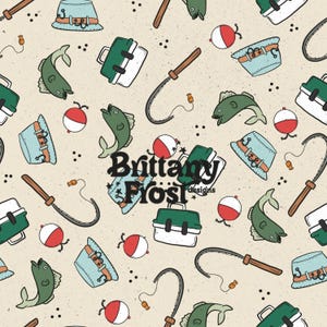 May include: A repeating pattern featuring fishing-themed illustrations. The design includes green fish, fishing rods, tackle boxes, bobbers, and blue fishing hats. The text "Brittany Frost designs" is also present.