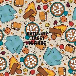 May include: A seamless pattern featuring a variety of autumnal elements, including a blue sweater, a campfire, a mug of hot chocolate with marshmallows, and a s'more. The pattern is set against a beige background and includes stars, leaves, and candy corn.