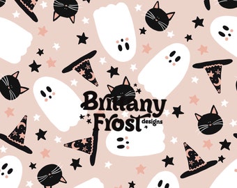 May include: A seamless pattern featuring black cats, ghosts, and witch hats with stars on a light pink background. The text "Brittany Frost designs" is in the center of the pattern.