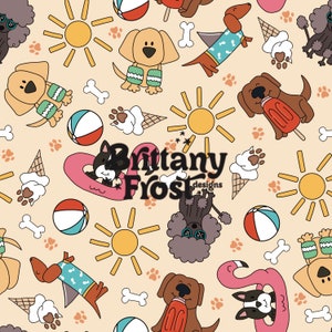 May include: A seamless pattern featuring various dog breeds enjoying summer activities. The pattern includes dogs wearing sunglasses, eating ice cream, riding on a flamingo float, and playing with beach balls. The background is a light beige color with paw prints and suns.