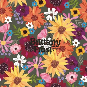 May include: A seamless pattern featuring a variety of colorful flowers on a dark green background. The flowers include sunflowers, daisies, and other wildflowers. The pattern is perfect for fabric, wallpaper, or other decorative projects.