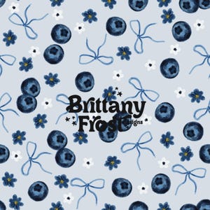 May include: A seamless pattern featuring blueberries, white and blue flowers, and blue bows on a light blue background. The text "Brittany Frost Designs" is centered in the pattern.