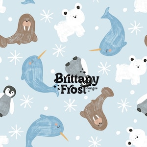 May include: A seamless pattern featuring various arctic animals on a light blue background. The animals include a polar bear, a walrus, a narwhal, and a penguin. The pattern is perfect for fabric, wallpaper, or wrapping paper.