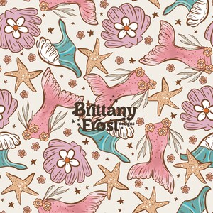 May include: A seamless pattern featuring pink mermaid tails, seashells, starfish, and small flowers on a light beige background. The text "Brittany Frost Designs" is in the centre of the pattern.