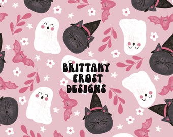 Archivo sin costuras de gatos y fantasmas de Halloween, patrón de superficie rosa de Halloween