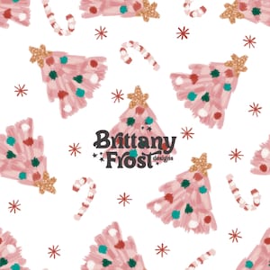 May include: A seamless pattern featuring pink Christmas trees with gold glitter, green and red ornaments, and white stars on a white background. The pattern also includes candy canes and the text "Brittany Frost designs".