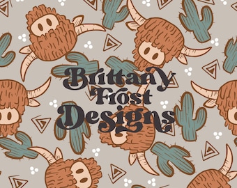 Boho Highland Cows Seamless File, Boy Seamless Pattern