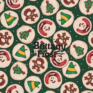 Peut inclure: Un motif sans couture de biscuits de Noël sur un fond vert avec des pois blancs. Les biscuits sont décorés de divers thèmes de Noël, notamment un bonhomme de neige, un sapin de Noël, un renne et un chapeau d'elfe.