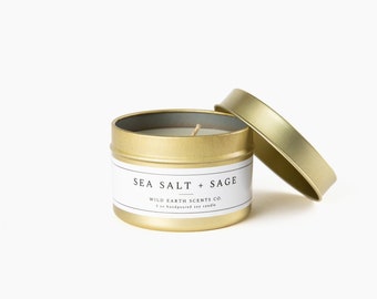 Sea Salt + Sage Soy Gold Tin Travel Candle | 3.5 oz Hand-poured Soy Wax