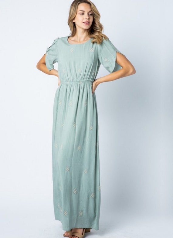 Embroidered Pattern Women's Modest Summer Maxi Dress With Ruffle Sleeves | Elegant Christian Church Dress, Mint, White | Ladies Fashion Embroidered Pattern Women's Modest Summer Maxi Dress With Ruffle Sleeves | Elegant Christian Church Dress, Mint, White | Ladies Fashion