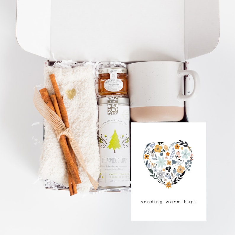 Self Care Gift Box With Warm and Cozy Themed Care Package, Having Cedarwood Chai Tea, Cream Fuzzy Socks, Cream Speckled Mug, Honey Jar