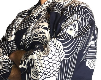 Men's Koi Yukata - Traditional Japanese Kimono Onsen Bathrobe 100% cotton - Navy / White color- Japanese Carp Pattern - Made in Kyoto Japan