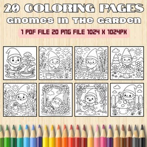 Garden Gnome Coloring Pages Vol. 3 | 20 Printable Kawaii Gnome Sheets for Kids | Gnome Activity Book PDF & PNG | Instant Download
