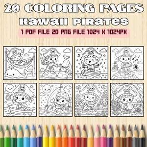 Dibujos para colorear de piratas kawaii / 20 imprimibles de piratas adorables para niños / Búsqueda del tesoro en el océano (PDF y PNG) / Descarga instantánea