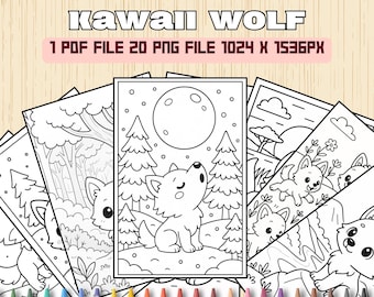 Kawaii Wolf Coloring Pages | 20 Cute Forest Animal Printables for Kids | Woodland Coloring Sheets | Instant Download PDF & PNG