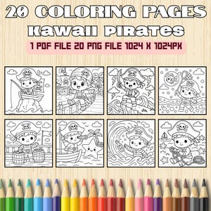 Kawaii Pirate Coloring Pages | 20 Cute Pirate Printables for Kids | Ocean Treasure Hunt PDF & PNG | Instant Download