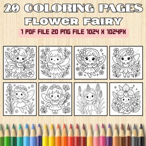 Flower Fairy Coloring Pages for Kids – 20 Printable PDF & PNG Files – Cute Fairy Coloring Book – Digital Download – Kawaii Fairy Art