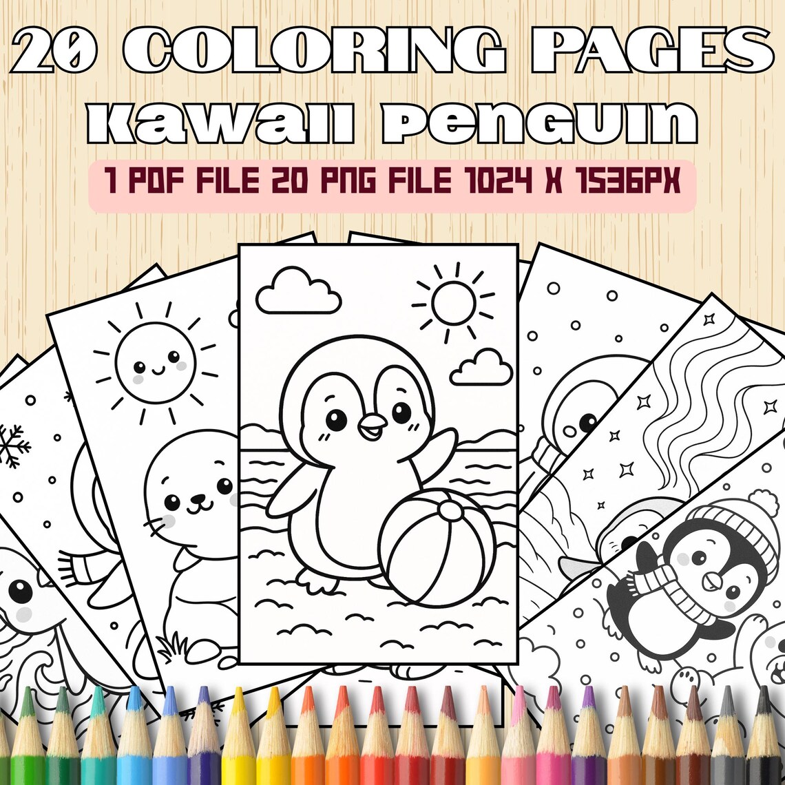 Kawaii Penguin Coloring Pages 20 Printable Digital Download Cute