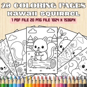Puede incluir: Páginas para colorear con ilustraciones de ardillas kawaii. Las páginas son dibujos lineales en blanco y negro, con una linda ardilla sosteniendo una bellota en un tronco. El texto de la imagen dice "20 COLORING PAGES KAWAI SQUIRREL 1 PDF FILE 20 PNG FILE 1024 X 1536PX".
