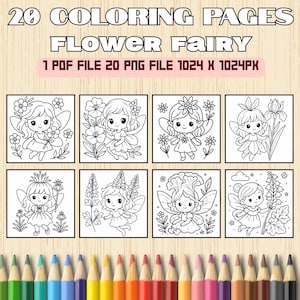 Flower Fairy Coloring Pages for Kids – 20 Printable PDF & PNG Files – Cute Fairy Coloring Book – Digital Download – Kawaii Fairy Art