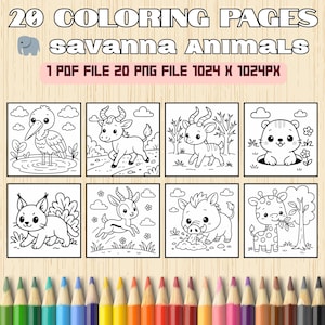 Savanna Animal Coloring Pages | 20 Cute Wildlife Printables for Kids | African Animal PDF & PNG Set | Instant Download