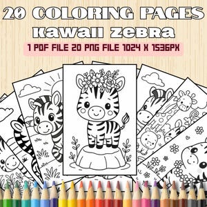 Puede incluir: Un conjunto de páginas para colorear en blanco y negro con ilustraciones de cebras kawaii. El texto en la parte superior dice "20 COLORING PAGES KAWAI ZEBRA". La imagen incluye varios diseños de cebras lindas, con un conjunto de lápices de colores en la parte inferior.