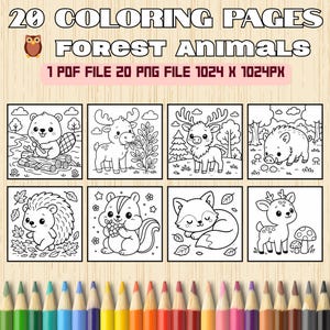 May include: A collection of 20 coloring pages featuring forest animals, including a beaver, moose, deer, and fox. The pages are black and white line drawings. The text at the top reads "20 Coloring Pages Forest Animals". A row of colored pencils is at the bottom.