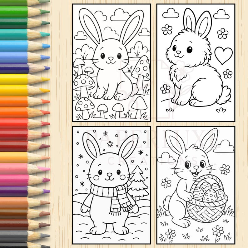May include: Four black and white coloring pages featuring cute bunny rabbits in different settings. The first bunny is surrounded by mushrooms, the second is in a snowy scene, the third is holding a basket of eggs, and the fourth is in a field of flowers.