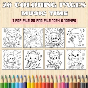 May include: A collection of 20 coloring pages with a music theme, featuring adorable animals playing instruments. The image includes a sloth, bunny, chick, raccoon, sheep, mouse, giraffe, deer, and turtle. The text at the top reads "20 COLORING PAGES MUSIC TIME".