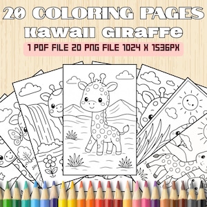 Kawaii Giraffe Coloring Pages | 20 Printable Digital Download | Cute Giraffe Art for Kids | Fun & Easy Coloring Sheets | Instant Download