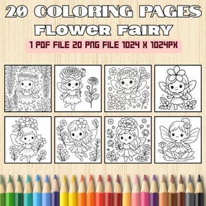 Flower Fairy Coloring Pages for Kids – 20 Printable PDF & PNG Files – Cute Fairy Coloring Book – Digital Download – Kawaii Fairy Art