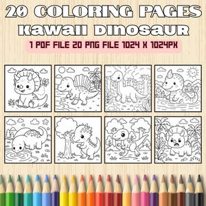 Kawaii Dinosaur Coloring Book | 20 Cute Prehistoric Pages for Kids | Printable PDF & PNG Instant Download