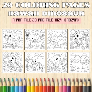 Kawaii Dinosaur Coloring Book | 20 Cute Prehistoric Pages for Kids | Printable PDF & PNG Instant Download