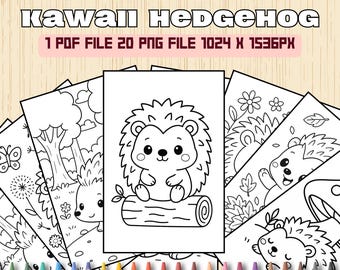 Dibujos para colorear de erizos kawaii / 20 lindos animales del bosque imprimibles para niños / Hojas para colorear de criaturas del bosque / Descarga instantánea en PNG y PDF