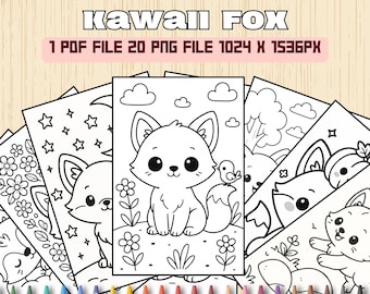 Kleurplaten kawaii vos | 20 afdrukbare digitale download | Schattige vossenkunst voor kinderen | Leuke en gemakkelijke kleurplaten | Direct downloaden