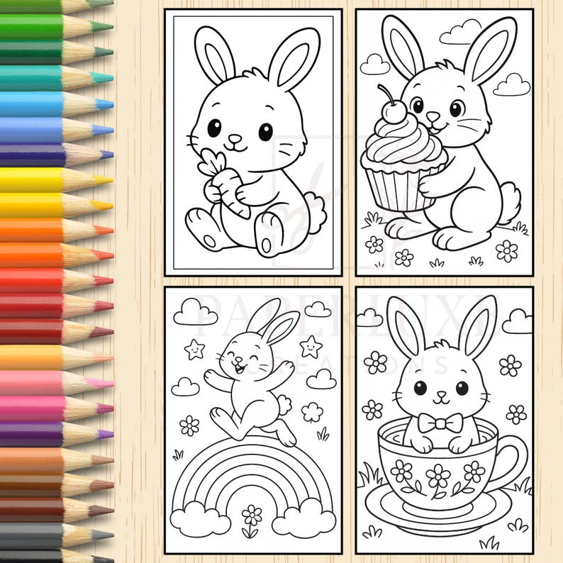 May include: Four black and white coloring pages featuring cute bunny rabbits. The first page shows a bunny holding a carrot, the second shows a bunny holding a cupcake, the third shows a bunny hopping over a rainbow, and the fourth shows a bunny sitting in a teacup.
