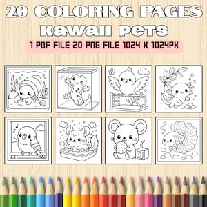 Puede incluir: Una descarga digital de 20 páginas para colorear con mascotas Kawaii. Las páginas incluyen ilustraciones adorables de un cangrejo, un gecko, un pájaro, un ajolote, un periquito, una chinchilla, un ratón y un pez betta. El archivo incluye 1 PDF y 20 archivos PNG, 1024 x 1024px.