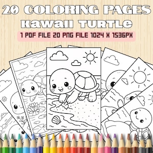 May include: A collection of coloring pages featuring kawaii turtle illustrations. The pages are black and white line drawings with various turtle designs, clouds, and suns. The text on the image reads "20 COLORING PAGES KAWAI TURTLE 1 PDF FILE 20 PNG FILE 1024 X 1536PX".