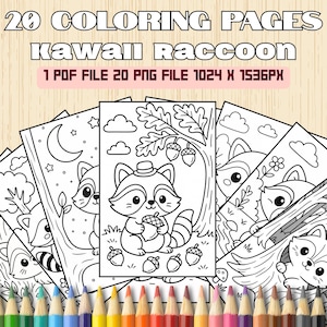 Puede incluir: Un conjunto de páginas para colorear en blanco y negro con ilustraciones de mapaches kawaii. El texto de la imagen dice "20 COLORING PAGES Kawaii Raccoon". Incluye 1 archivo PDF y 20 archivos PNG, 1024 x 1536px. Lápices de colores en la parte inferior.