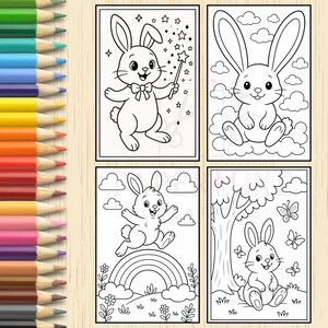 May include: Four black and white coloring pages featuring cute bunny rabbits in different poses. One bunny is holding a magic wand, another is sitting on a cloud, another is jumping over a rainbow, and the last one is sitting under a tree.