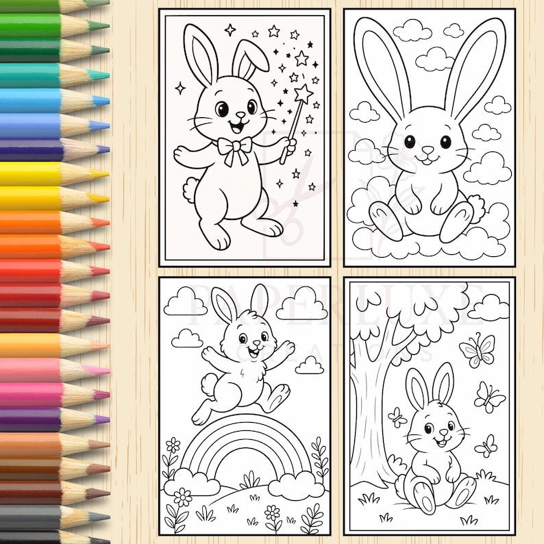 May include: Four black and white coloring pages featuring cute bunny rabbits in different poses. One bunny is holding a magic wand, another is sitting on a cloud, another is jumping over a rainbow, and the last one is sitting under a tree.