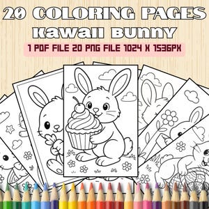 May include: A set of 20 black and white coloring pages featuring a cute bunny rabbit holding a cupcake. The text "20 COLORING PAGES Kawall BUNNY 1 PDF FILE 20 PNG FILE 1024 X 1536PX" is at the top of the image.