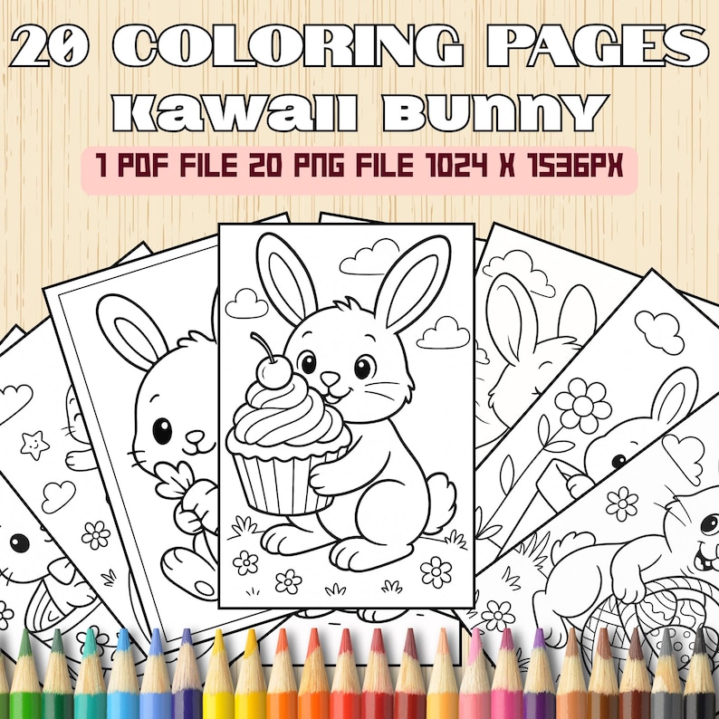 May include: A set of 20 black and white coloring pages featuring a cute bunny rabbit holding a cupcake. The text "20 COLORING PAGES Kawall BUNNY 1 PDF FILE 20 PNG FILE 1024 X 1536PX" is at the top of the image.